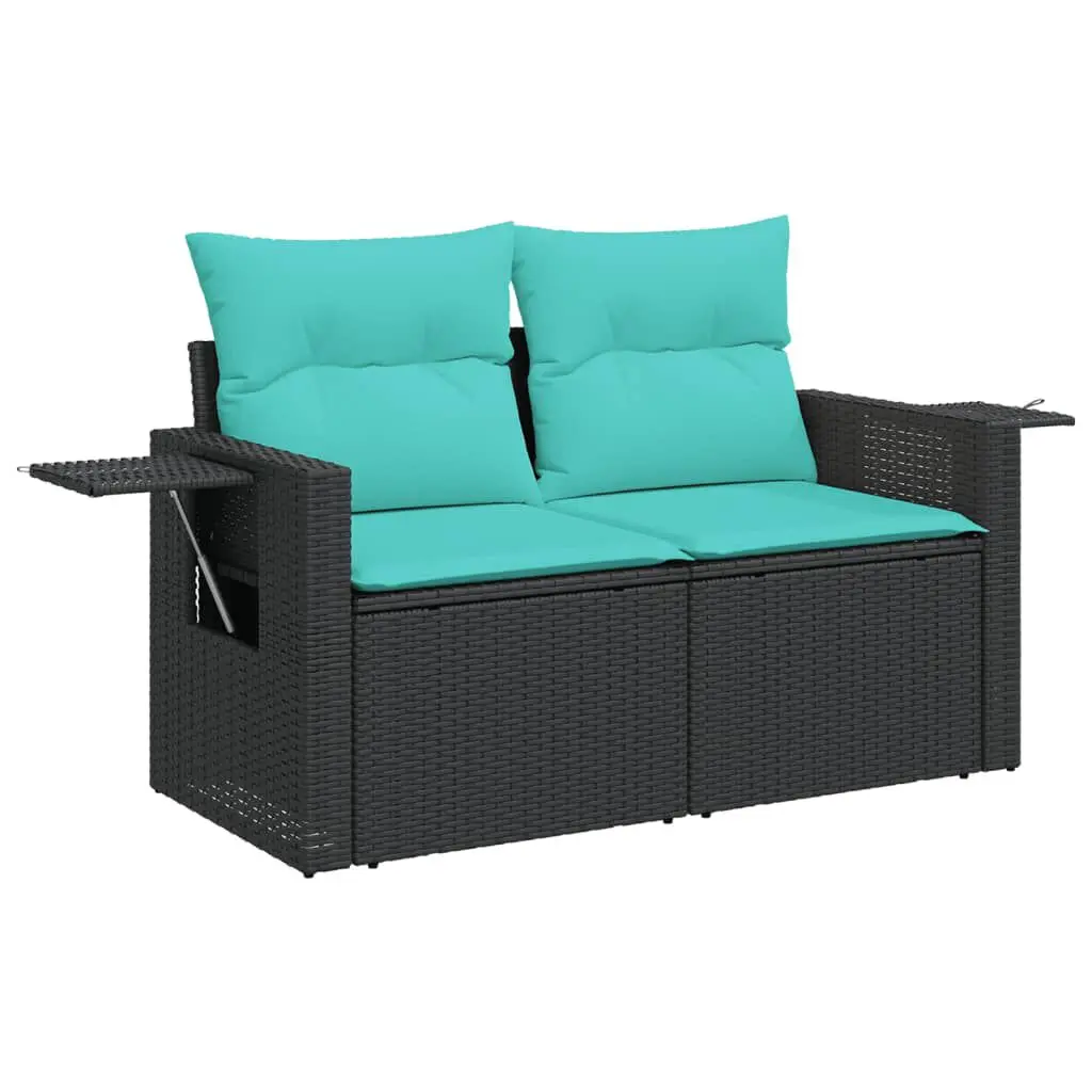 Patio Sofa Cushions 2-Seater Black Poly Rattan Outdoor Furniture
