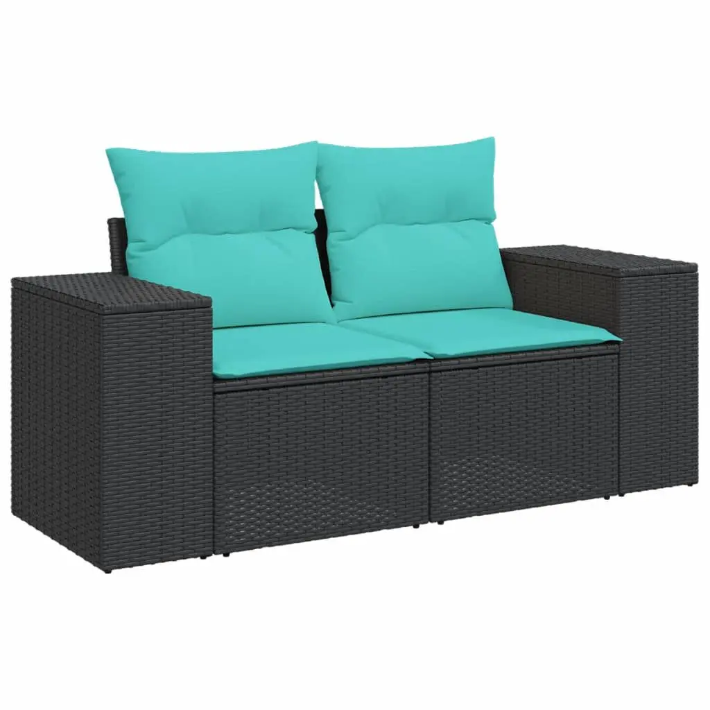 Patio Sofa Cushions 2-Seater Black Poly Rattan Outdoor Lounge Set