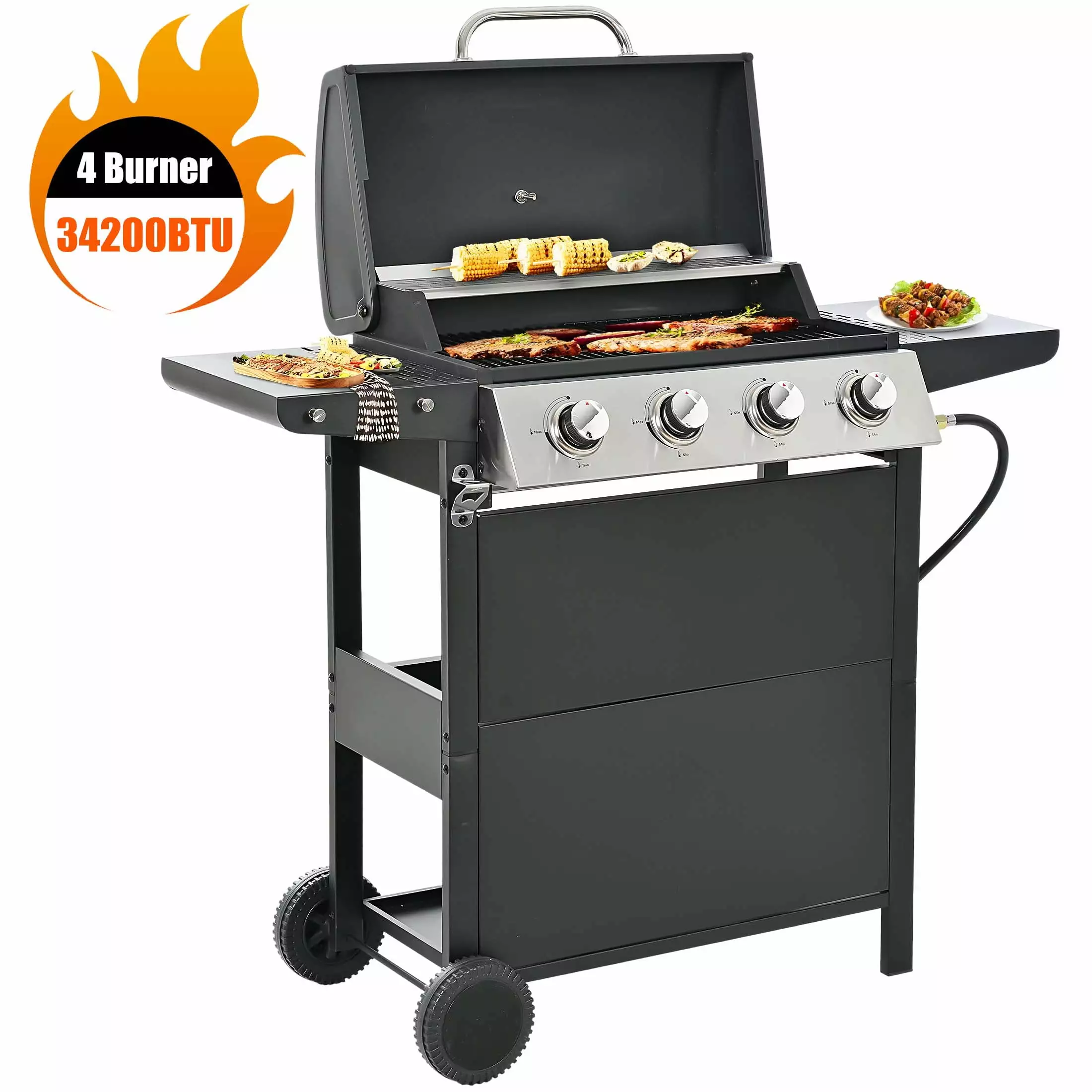 4-Burner Stainless Steel Propane Gas Grill Side Burner and Thermometer 34200BTU