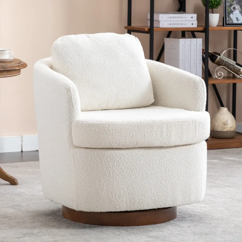 035 Boucle Material Swivel Accent Chair Solid Timber Round Brown Base dg collection