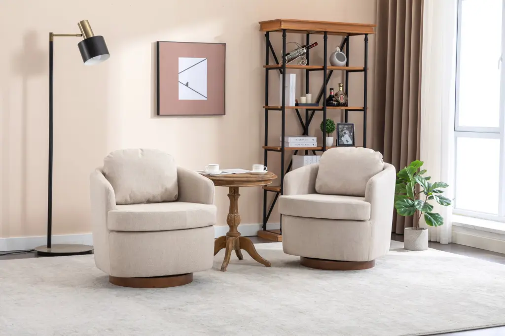 035 Linen Swivel Accent Chair Solid Wood Round Brown Base Living Room dg collection