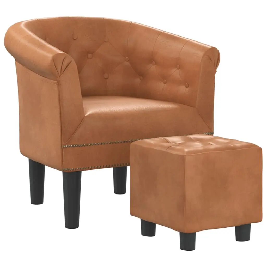 Tub Chair Footstool Brown Faux Leather Living Room Accent Chair