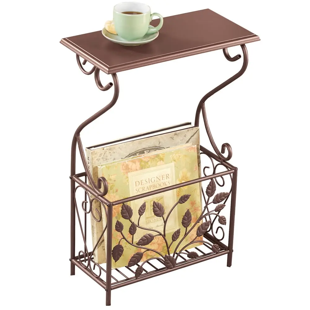 Collections Etc Scroll Leaves Iron and Wood Magazine Holder Side Table Bronze Finish