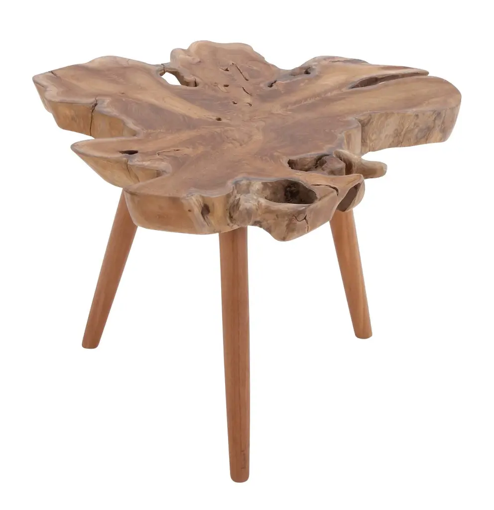 DecMode 27 x 20 Brown Teak Wood Handmade Live Edge Accent Table Tripod Legs