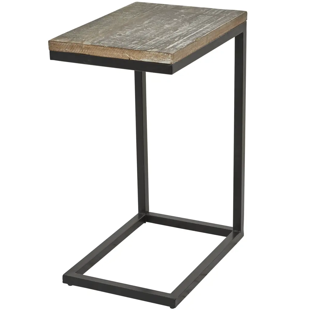 DecMode 13 x 26 Brown Wood Distressed C-Shaped Accent Table Black Metal Base 1-Piece