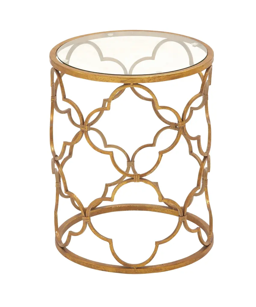 DecMode 16 x 20 Gold Metal Quatrefoil Design Accent Table Clear Glass Top