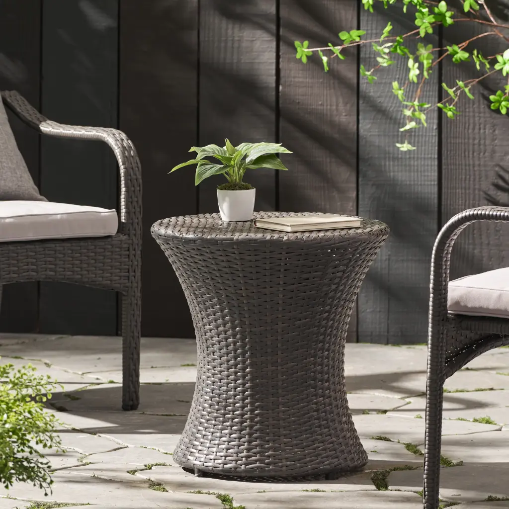Beasley Wicker Outdoor Accent Table Grey Patio and Garden Decor Noble House