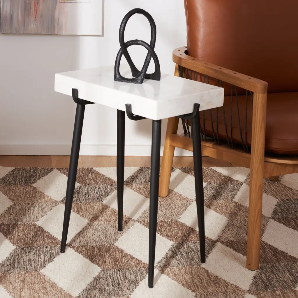Safavieh Yuki Mid-Century Stone Top Accent Table White Marble Black