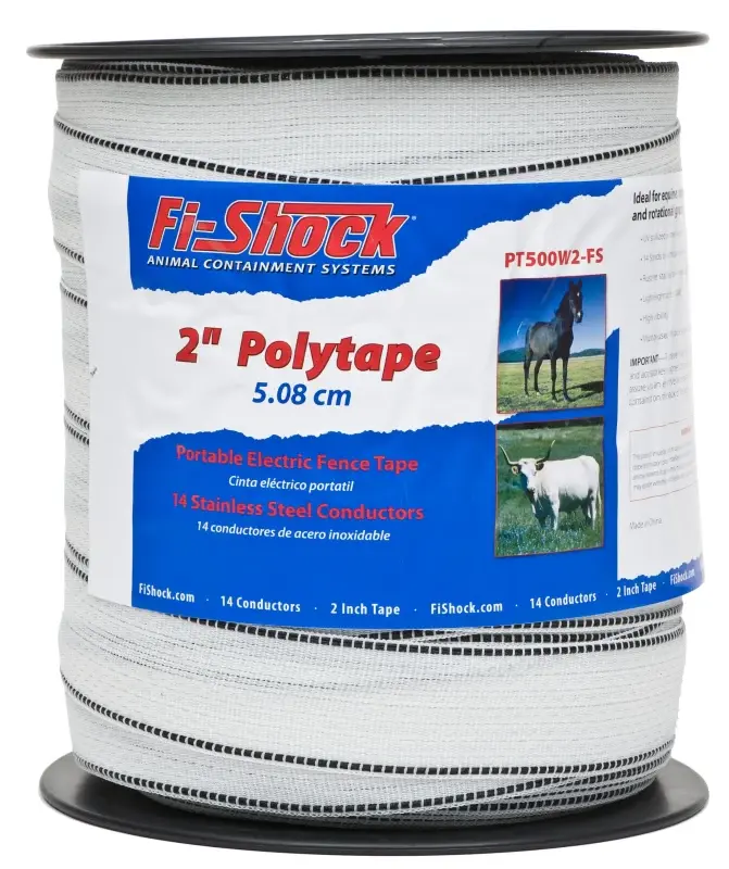 Zareba Fi-Shock PT500W2-FS Polytape, 500 ft L, 2 W, 14-Strand, Rust-proof Steel Conductor, White