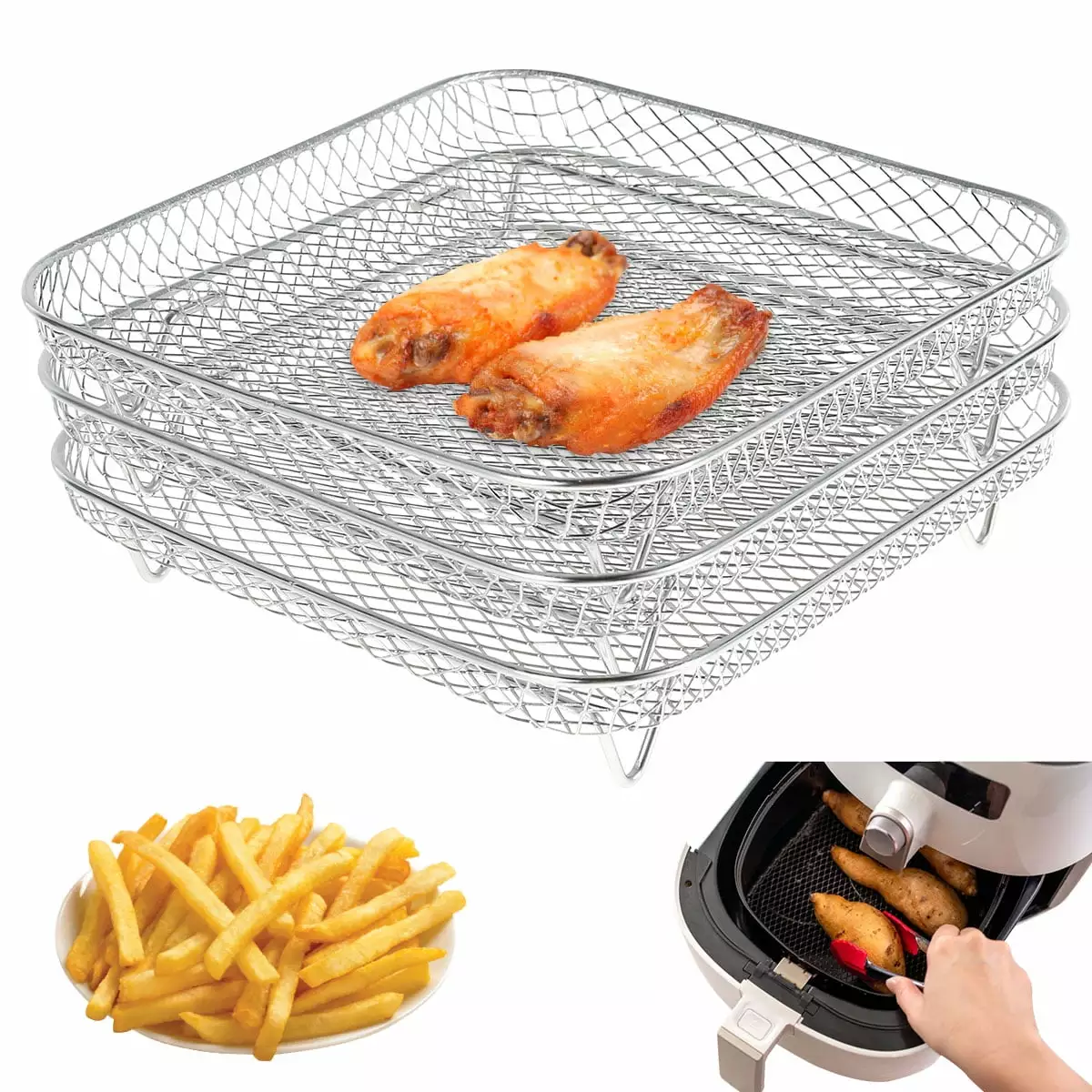 Lieonvis 8 Inch Air Fryer Rack Instant 5.8QT COSORI Air Fryer Square Three Stackable Racks Stainless Steel Multi Layer Deh...