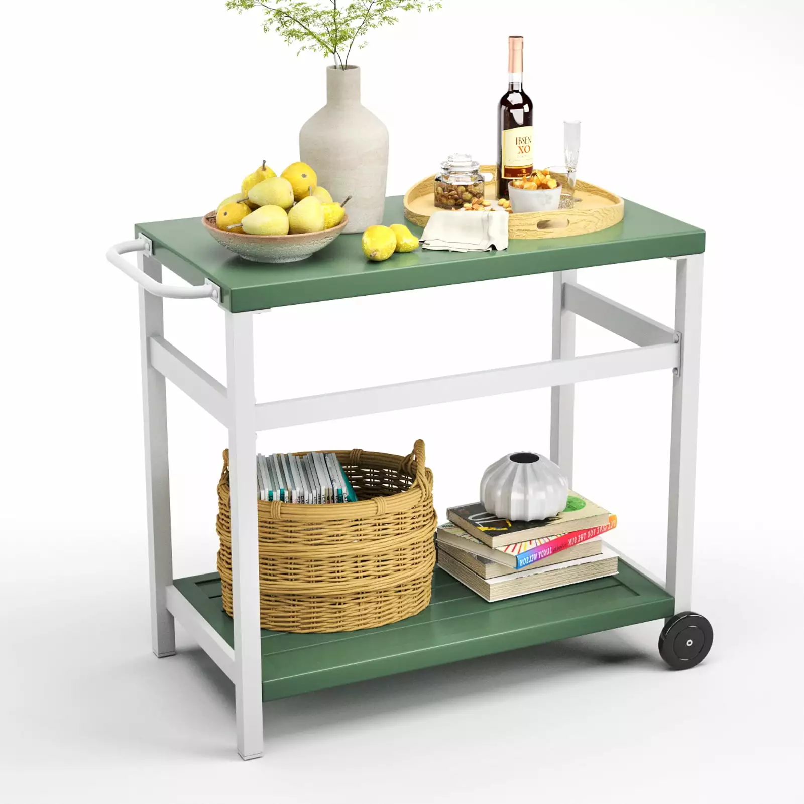 Efurden Outdoor Dining Cart Table Movable Aluminum Grill Table Wheels Kitchen Cart Backyard Garden Lawn White Green