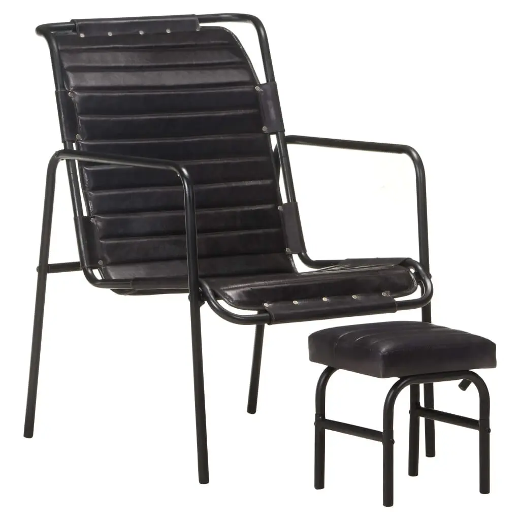 Relaxing Armchair Footrest Black Real Leather Recliner Chair
