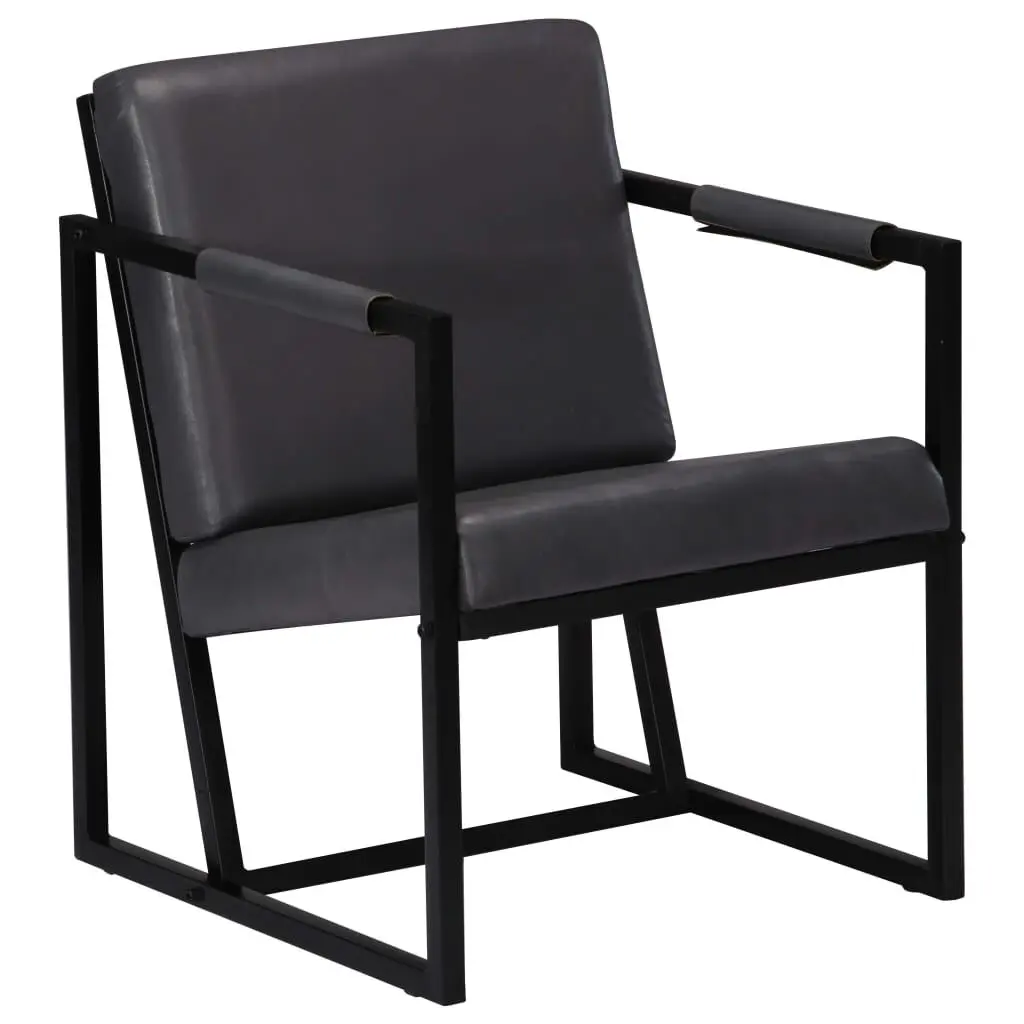 Armchair Gray Real Leather Modern Living Room Accent Chair