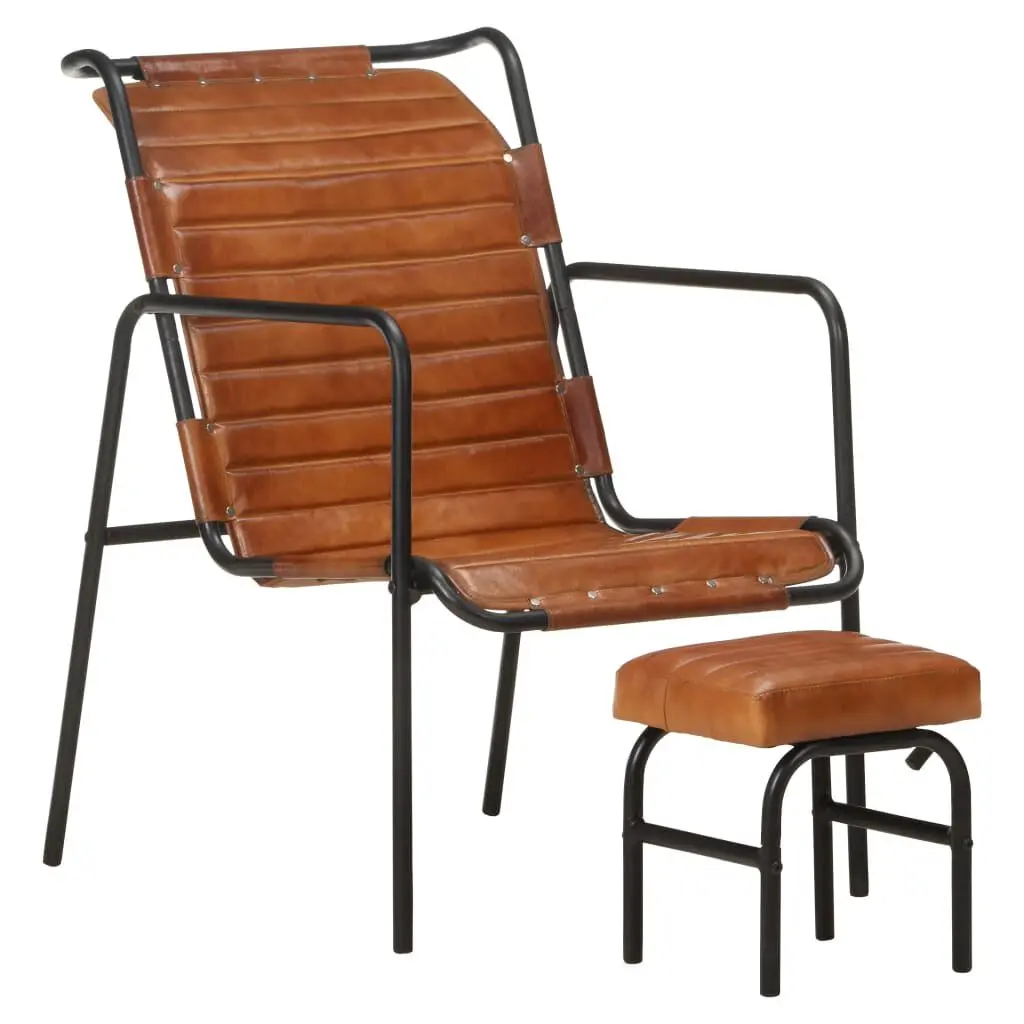 Brown Real Leather Relaxing Armchair Footrest Living Room