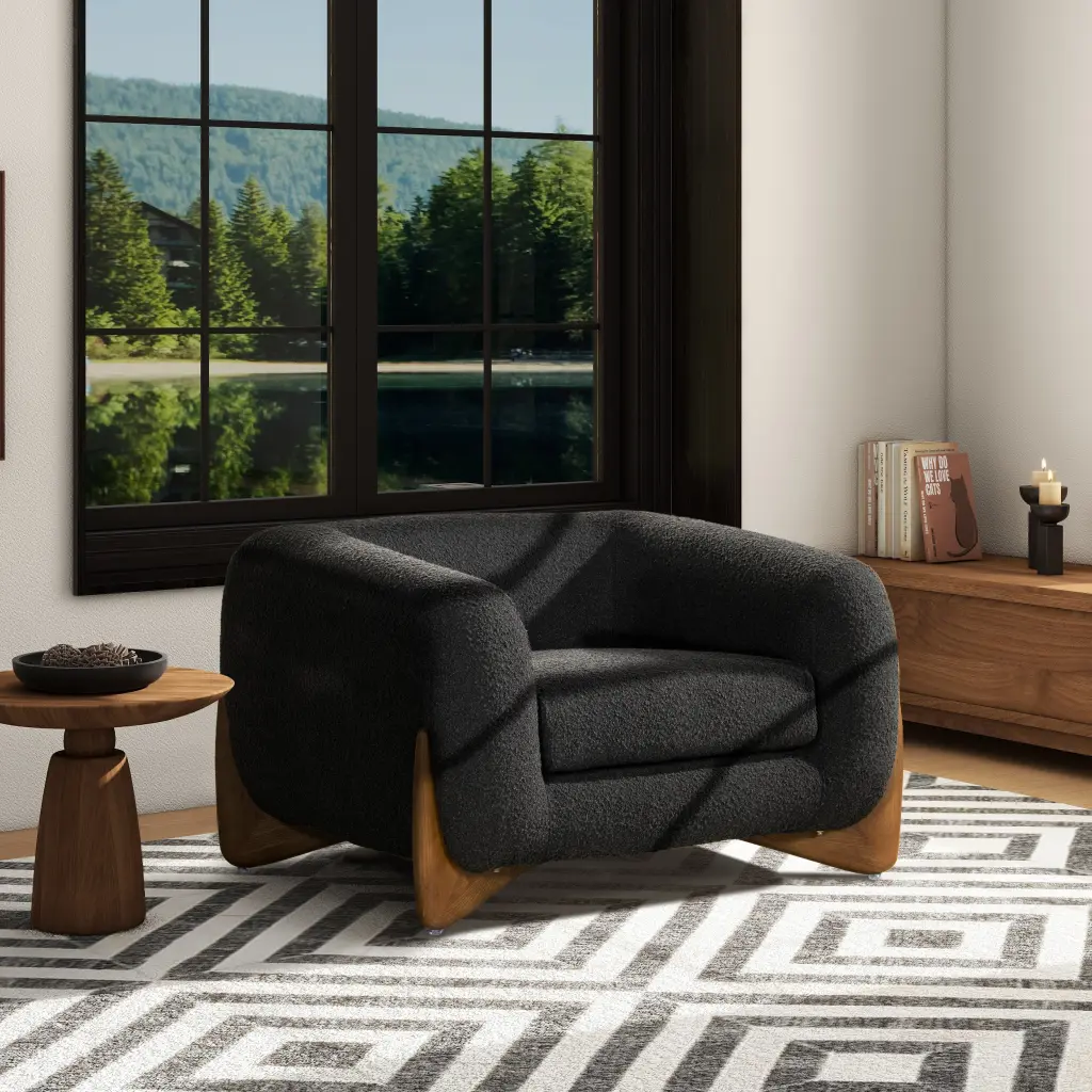 Alpine 44" Sherpa Arm Chair - Ebony Black Boucle Upholstered Black Foam Living Room jennifer taylor home