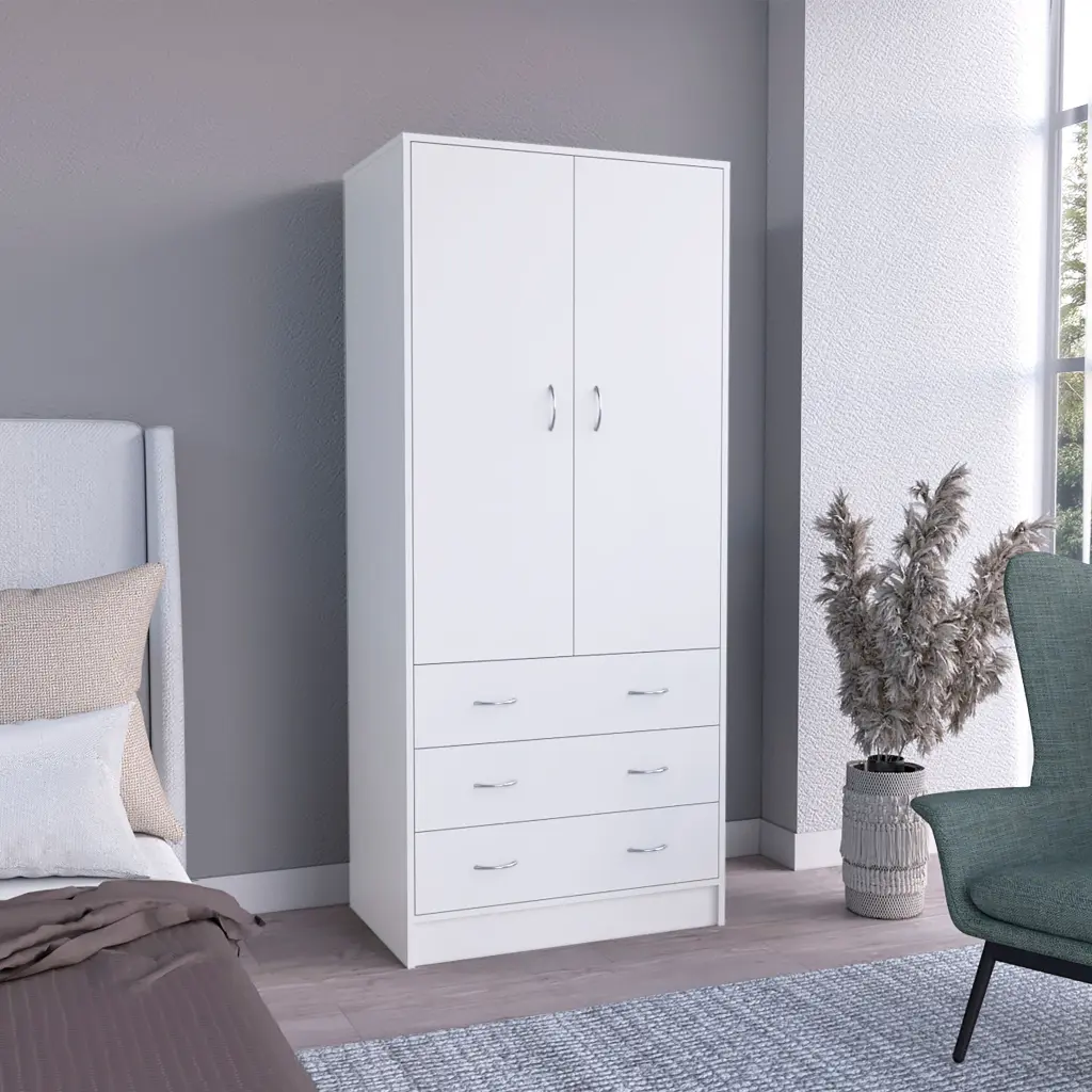 Taly Armoire Double Doors 3 Drawers and Hanging Rod White rta muebles colombia