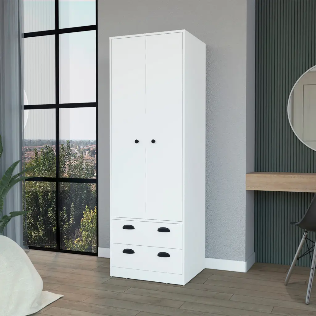 Westminster 2 Door 2 Drawer Armoire Hanging Rod White Finish furniture max