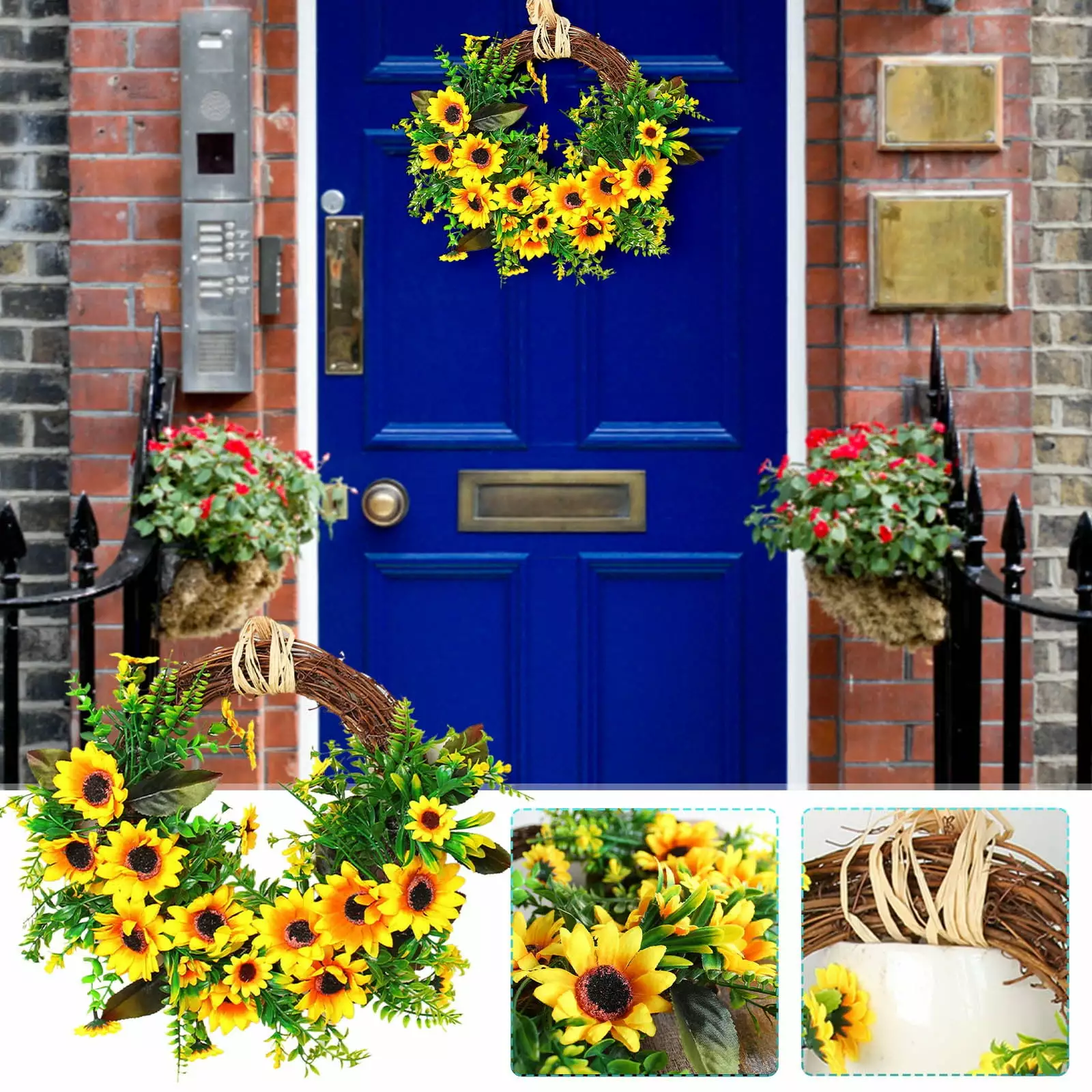 DEAPEX New Style Garden Wind Rattan Sunflower Wreath Simulation Sunflower Wreath Door Hanging Decorations