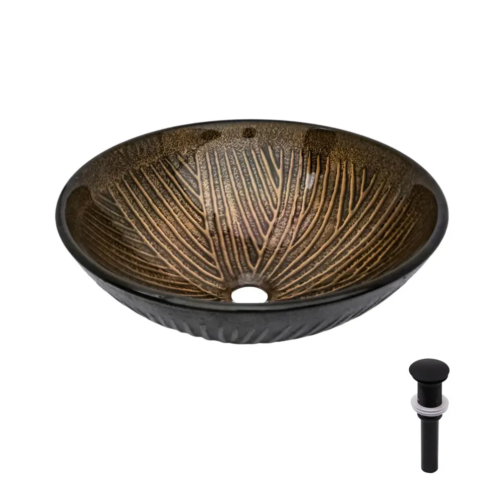 Feather Pattern Amber Vessel Sink Pop Up Drain, Oval Bathroom Basin - Amber