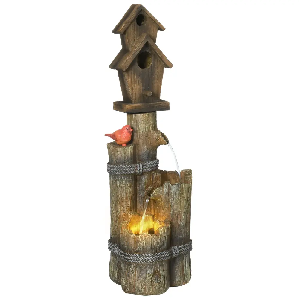 Outsunny - Outdoor Fountain Birdhouse, Cascading Garden Waterfall Bird Bath 3 Tier Rustic Tree Trunk / Log Design, LED Lig...