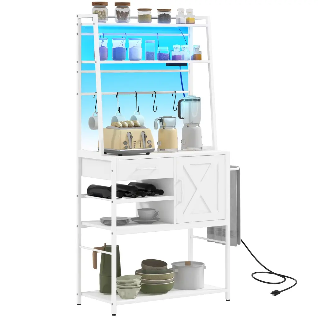Homcom Baker's Rack Power Outlet and LED Lights Coffee Bar aosom business