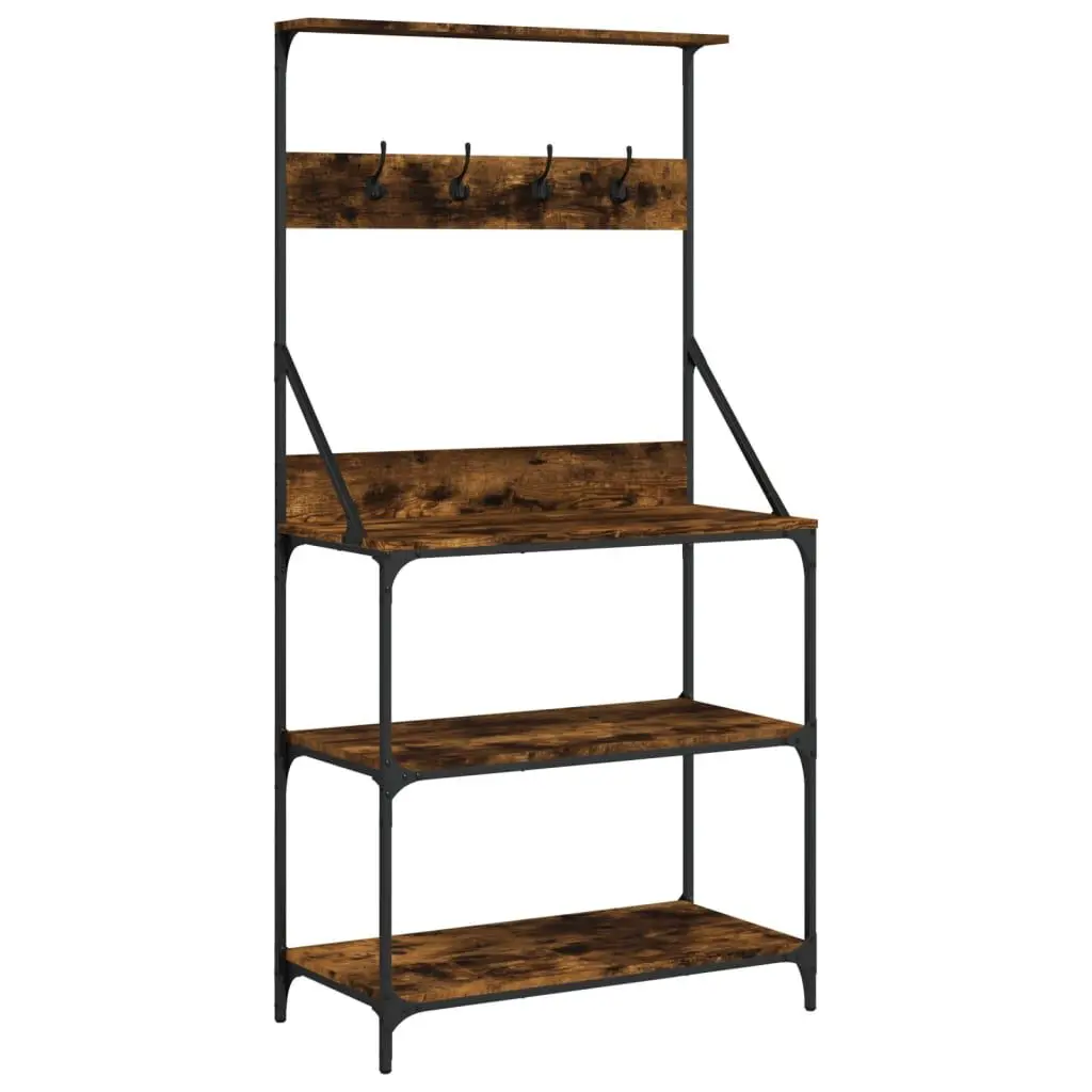 Baker's Rack Hooks 4-Tier Smoked Oak Engineered Wood Kitchen Shelf