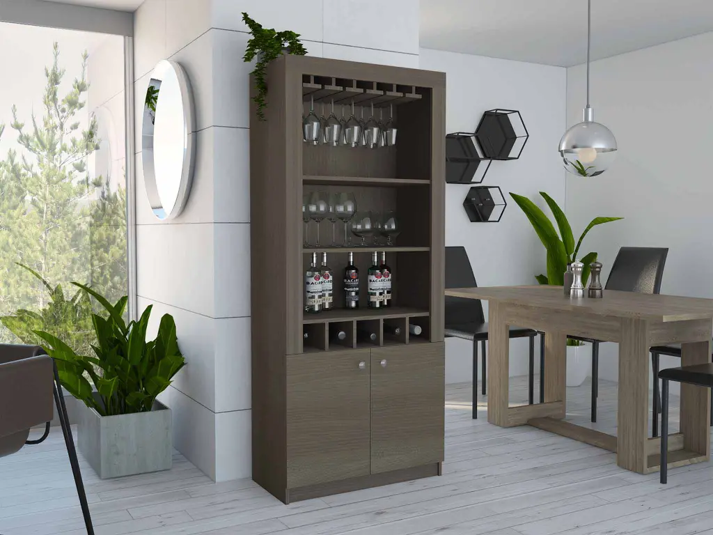 Smokey Oak 3 Shelf Rectangle Bar Cabinet 5 Bottles Brown Particle Board furniture max