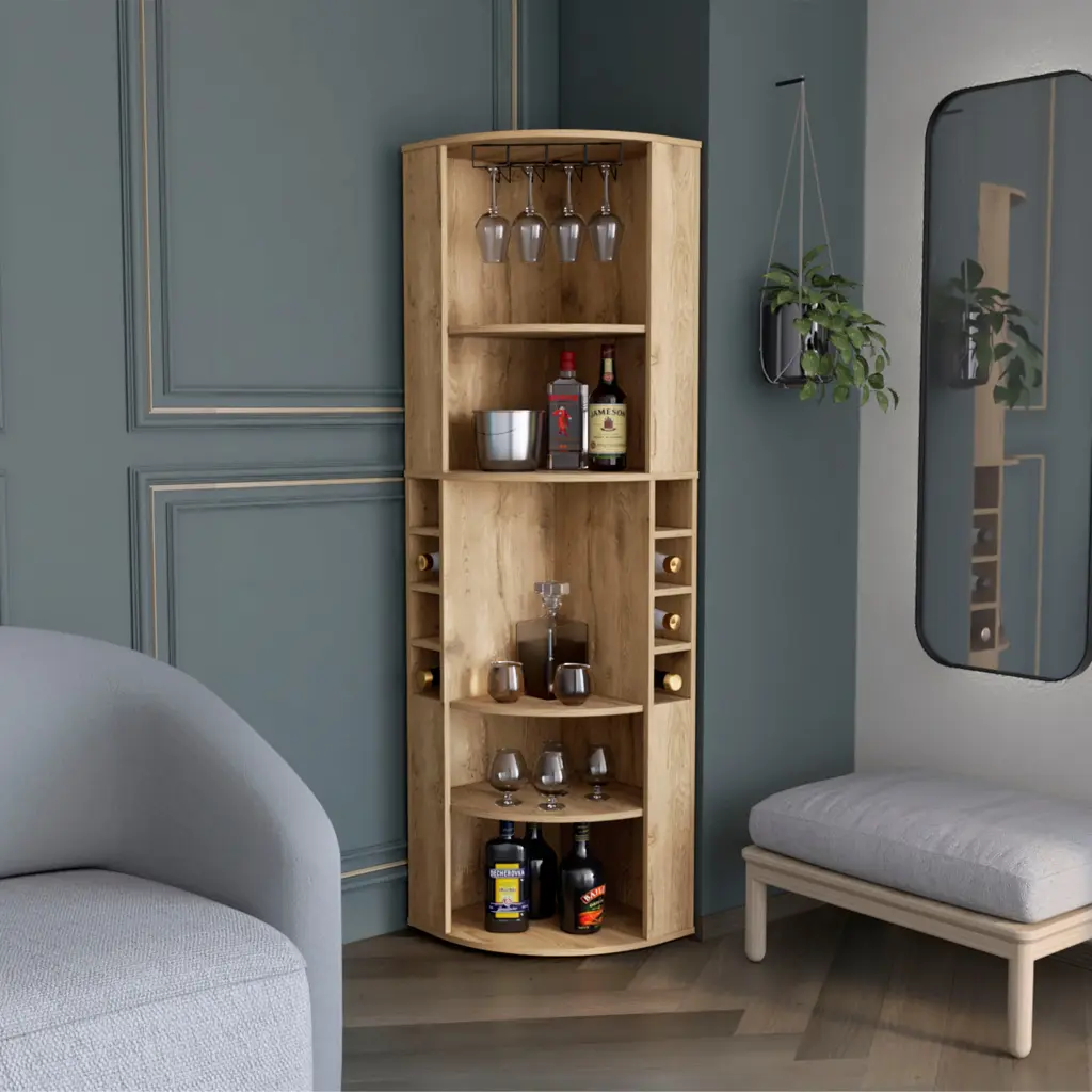 Oban Corner Bar Cabinet Five Shelves Eight Bottle Cubbies And Storage rta muebles colombia