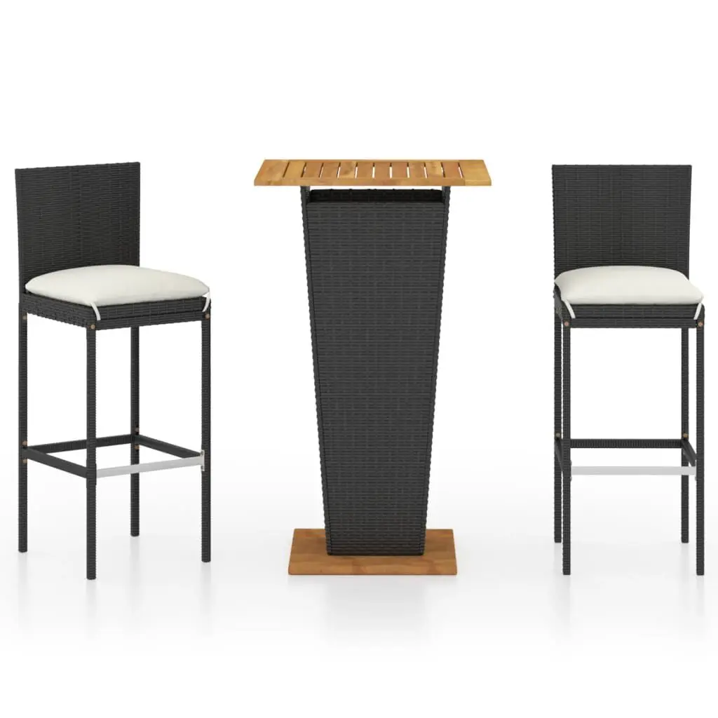 3 Piece Black Poly Rattan Patio Bar Set Cushions Outdoor Furniture