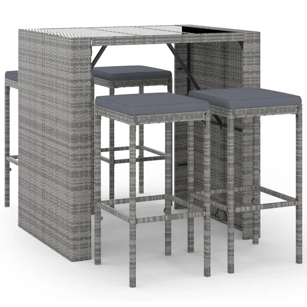5 Piece Gray Poly Rattan Patio Bar Set Comfortable Cushions