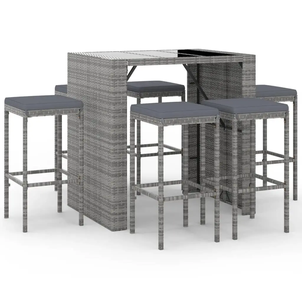 7 Piece Gray Poly Rattan Patio Bar Set Comfortable Cushions