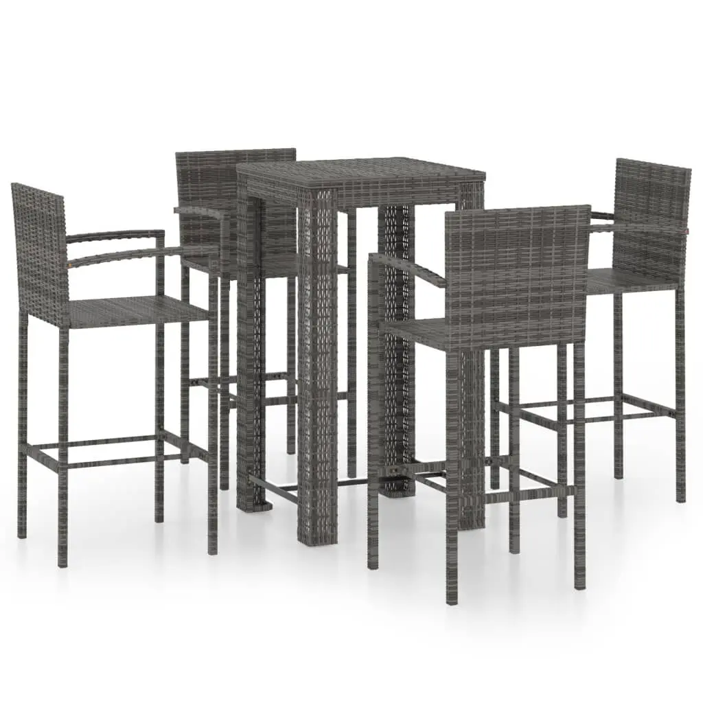 5 Piece Gray Poly Rattan Patio Bar Set Armrest Outdoor Furniture