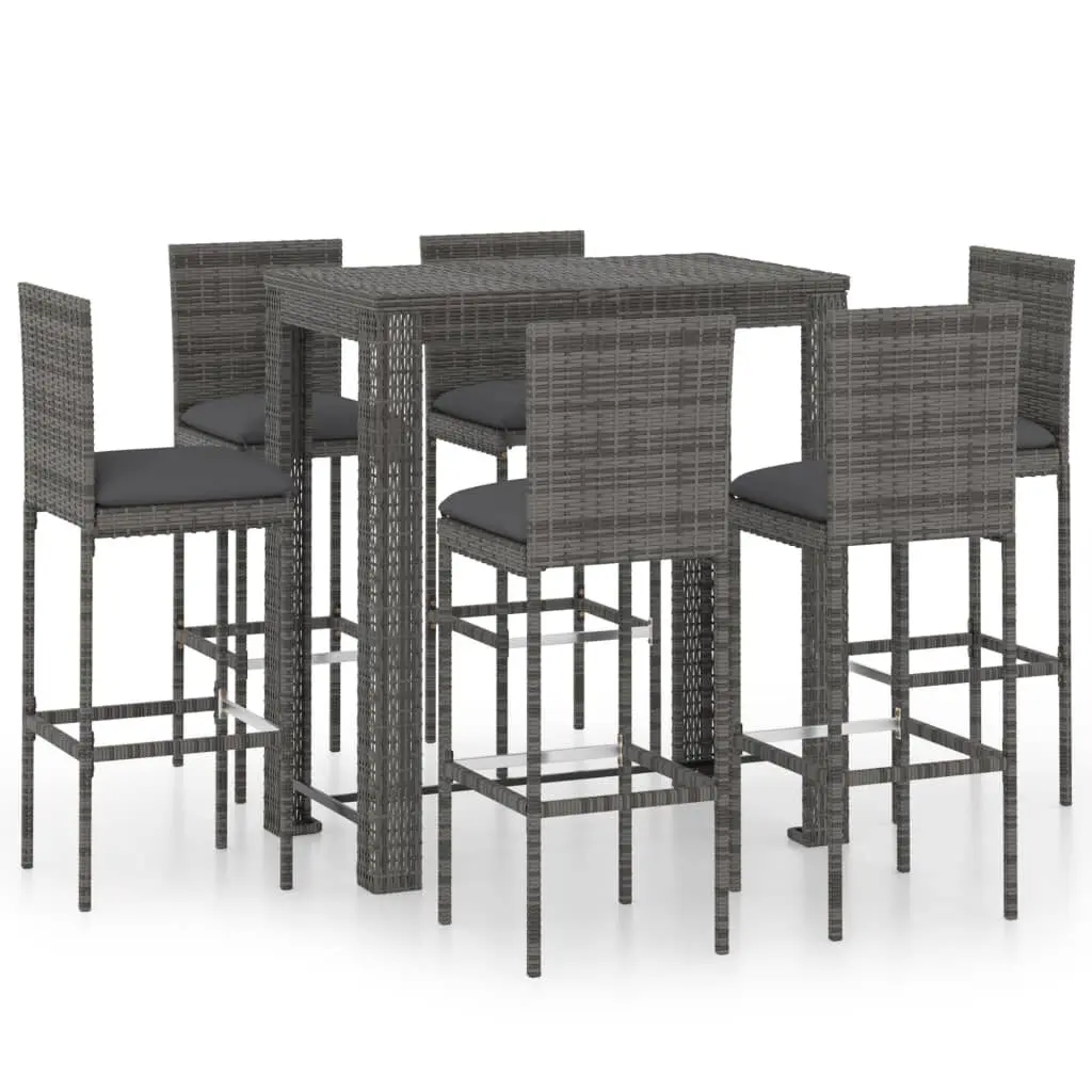 7 Piece Gray Poly Rattan Patio Bar Set Comfortable Cushions