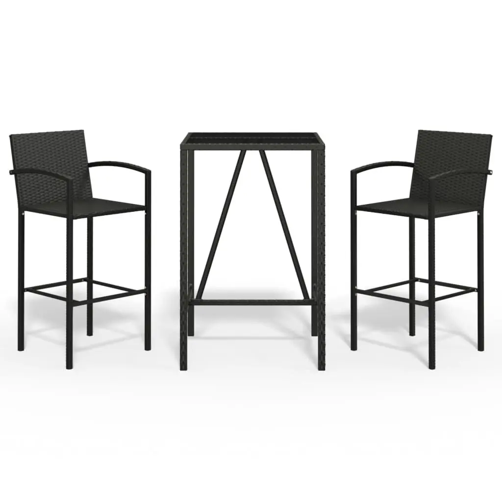 3 Piece Patio Bar Set Black Poly Rattan Outdoor Bistro Furniture