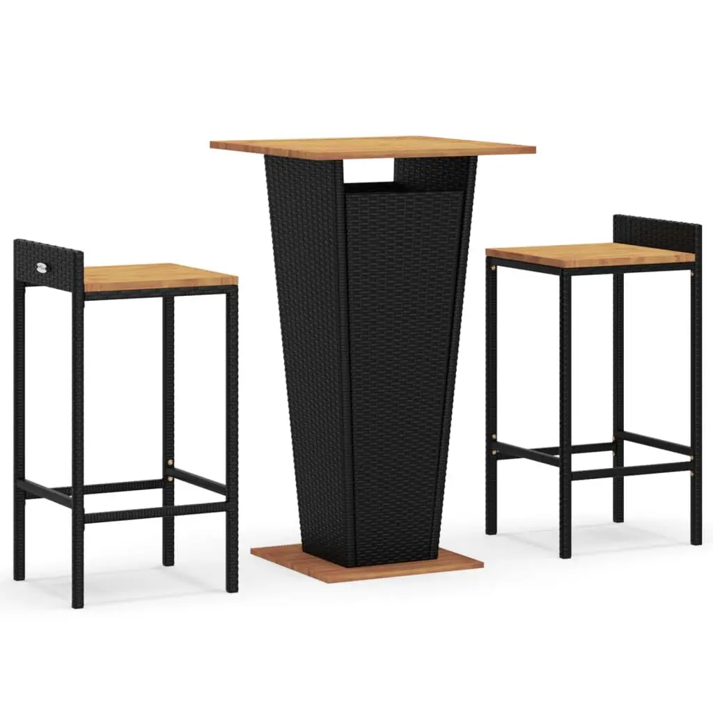 3 Piece Patio Bar Set Black Poly Rattan and Solid Wood Acacia Outdoor Furniture