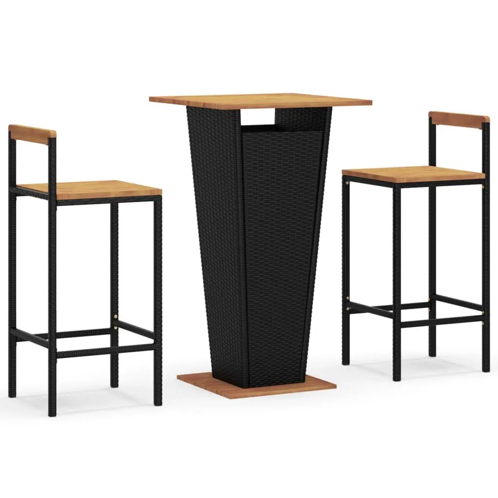 3 Piece Patio Bar Set Black Poly Rattan and Solid Wood Acacia Outdoor Furniture