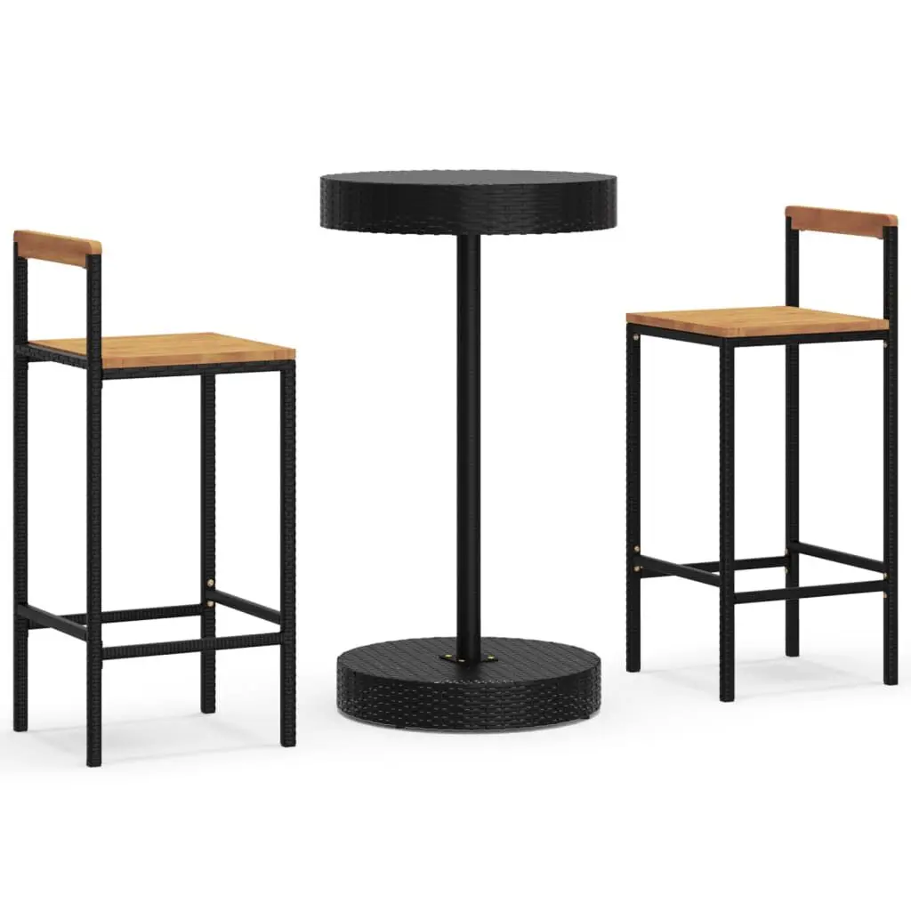 3 Piece Patio Bar Set Black Poly Rattan and Solid Wood Acacia Outdoor Furniture