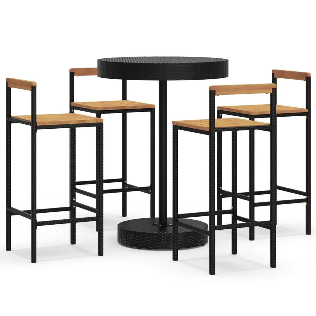 5 Piece Patio Bar Set Black Poly Rattan and Solid Wood Acacia Outdoor Furniture