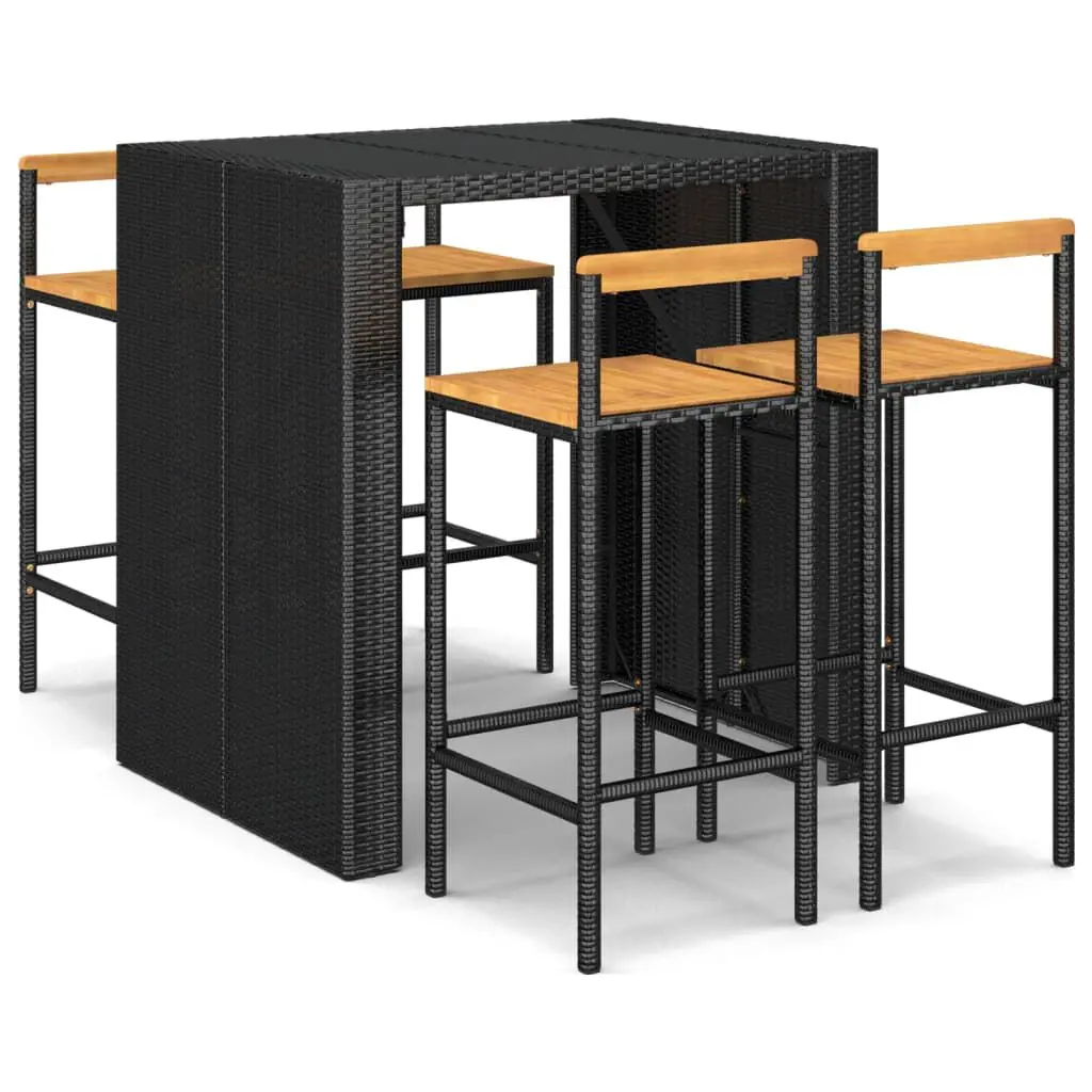 5 Piece Patio Bar Set Black Poly Rattan & Solid Wood Acacia Outdoor Furniture