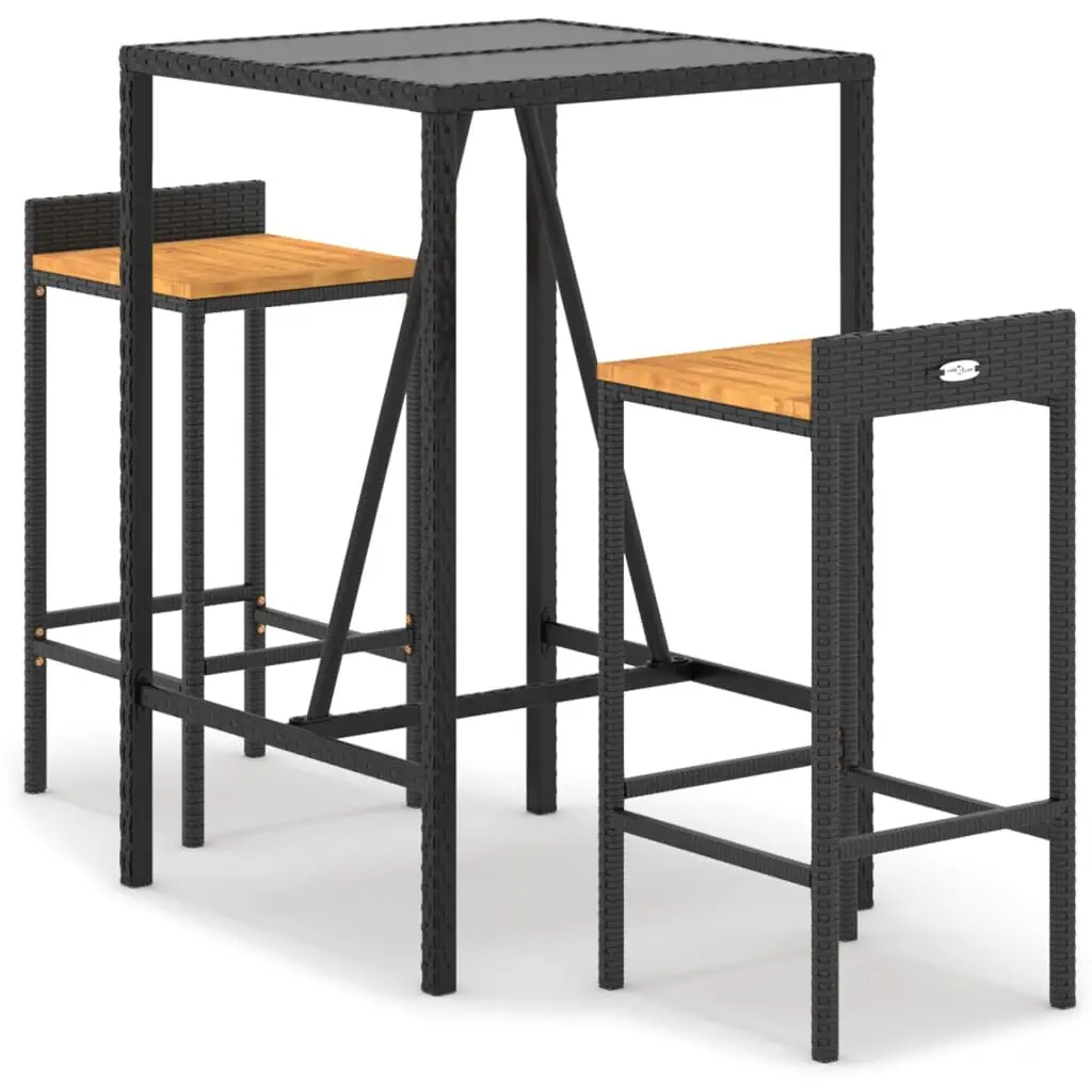 3 Piece Patio Bar Set Black Poly Rattan and Solid Wood Acacia Outdoor Furniture