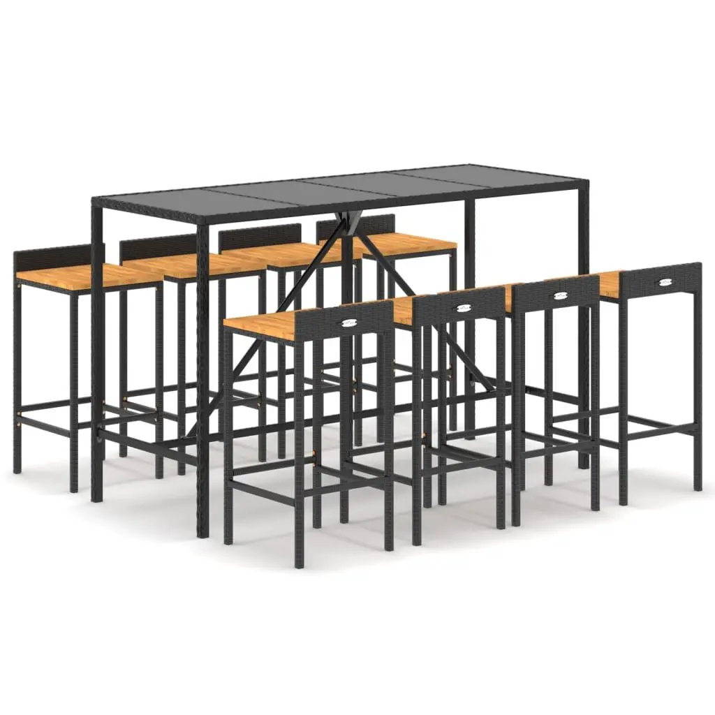 9 Piece Patio Bar Set Black Poly Rattan and Solid Wood Acacia Outdoor Furniture