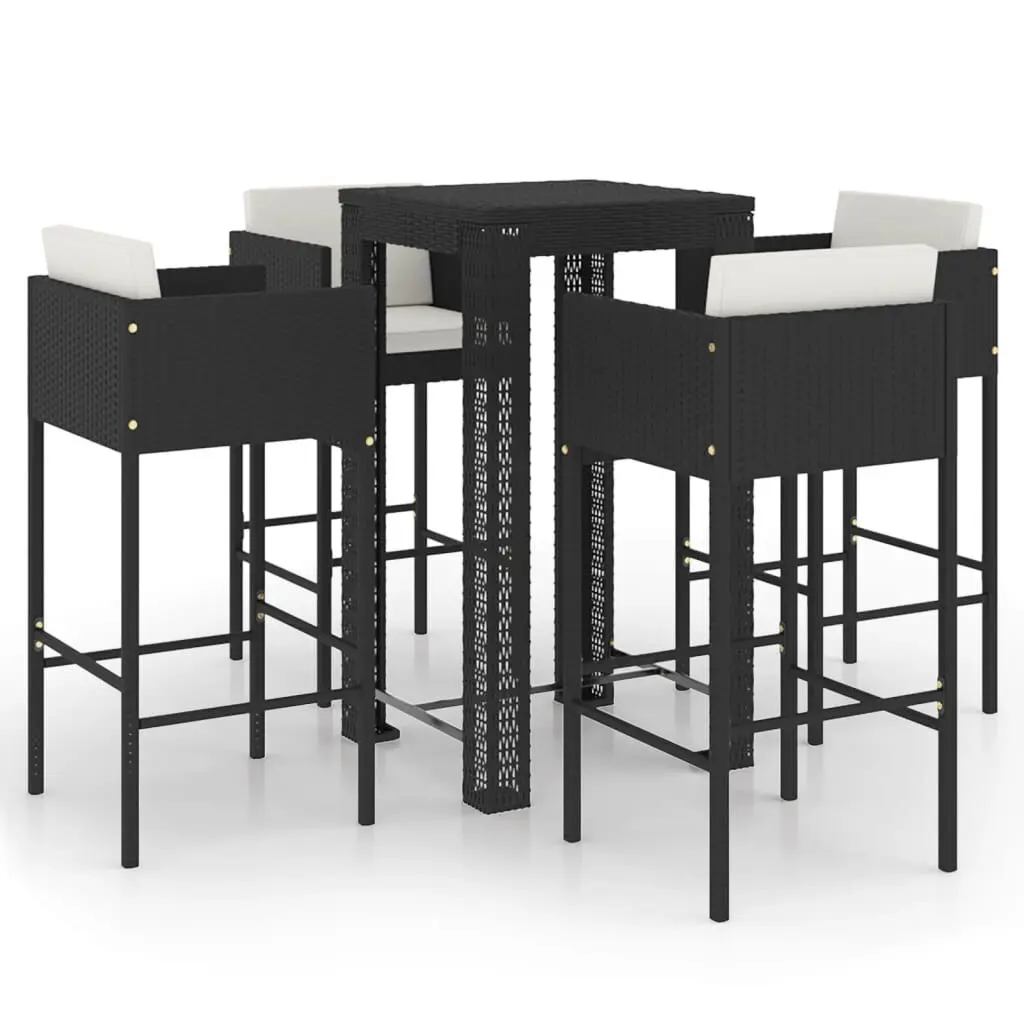5 Piece Patio Bar Set Cushions Black Poly Rattan Outdoor Furniture