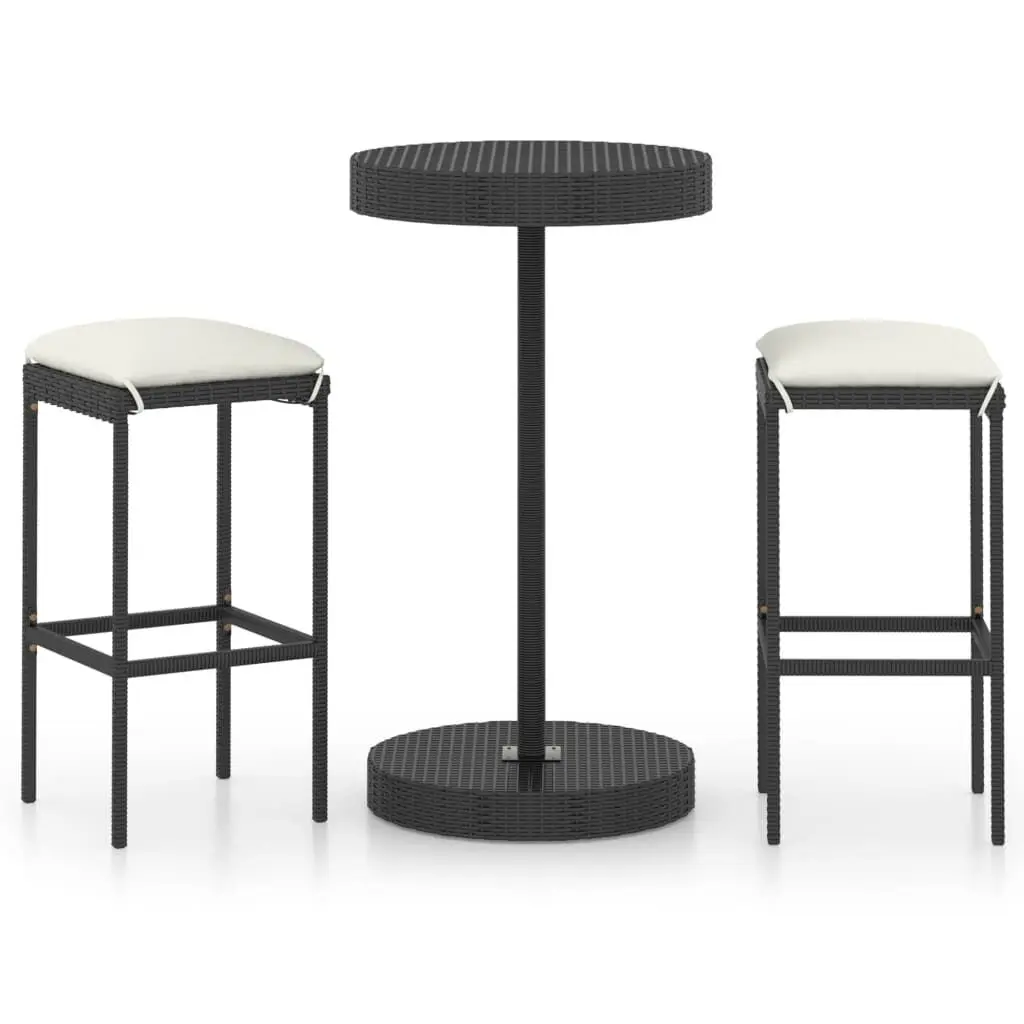 3 Piece Patio Bar Set Cushions Black Poly Rattan Outdoor Furniture