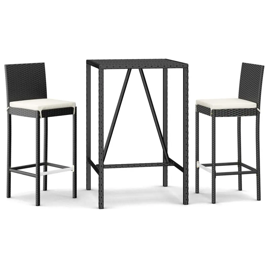 3 Piece Patio Bar Set Cushions Black Poly Rattan Outdoor Furniture