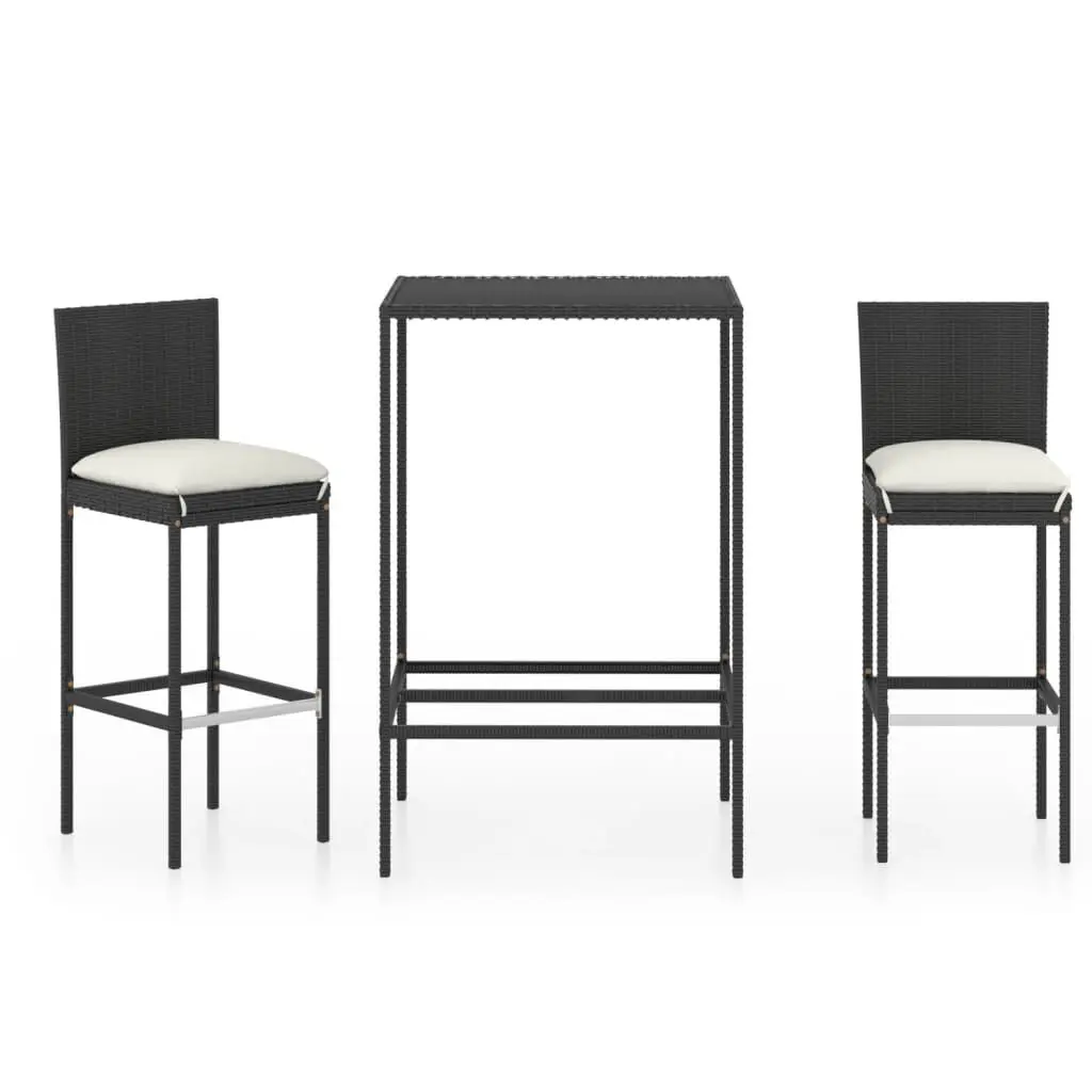 3 Piece Patio Bar Set Cushions Black Poly Rattan Outdoor Furniture