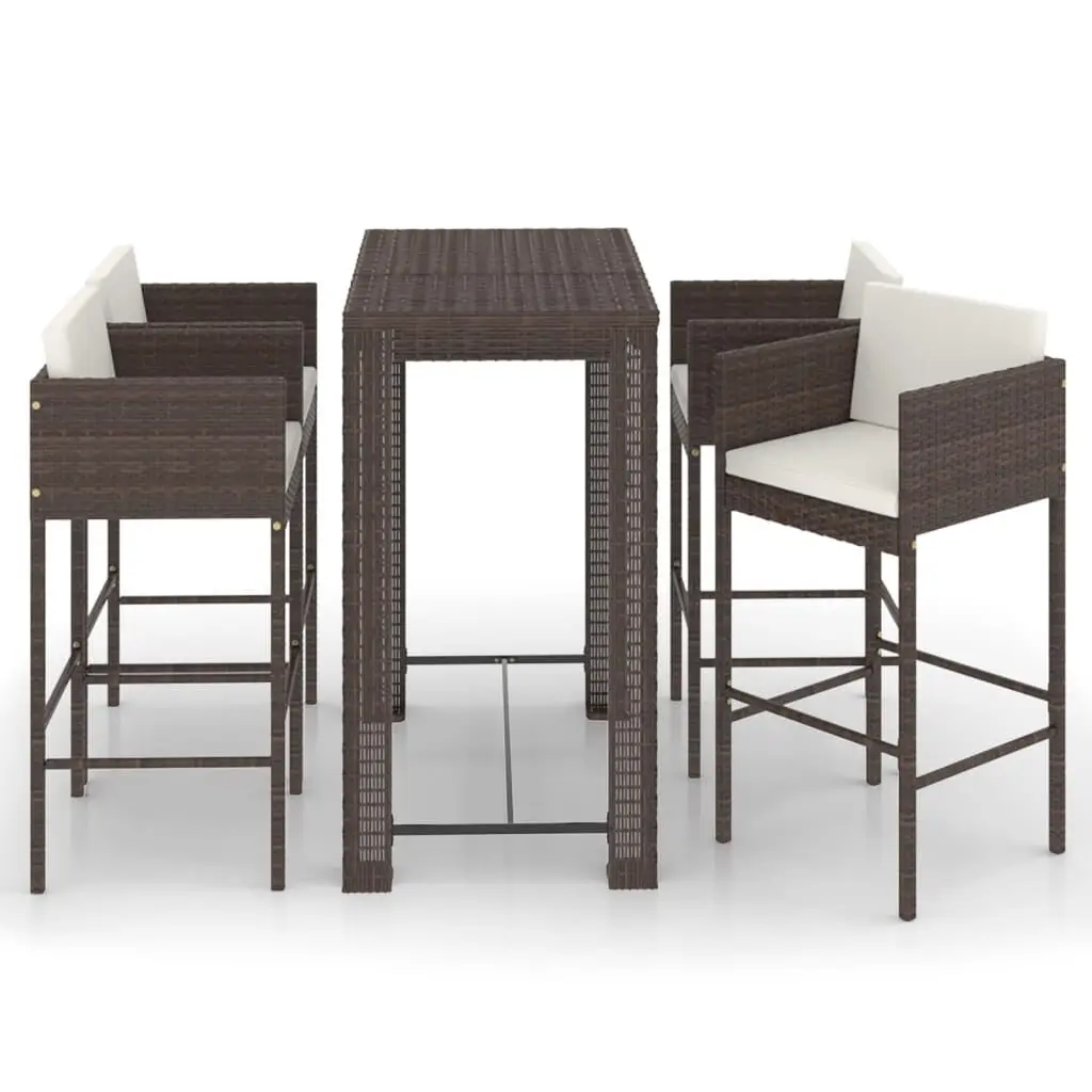 5 Piece Patio Bar Set Cushions Brown Poly Rattan Outdoor Furniture
