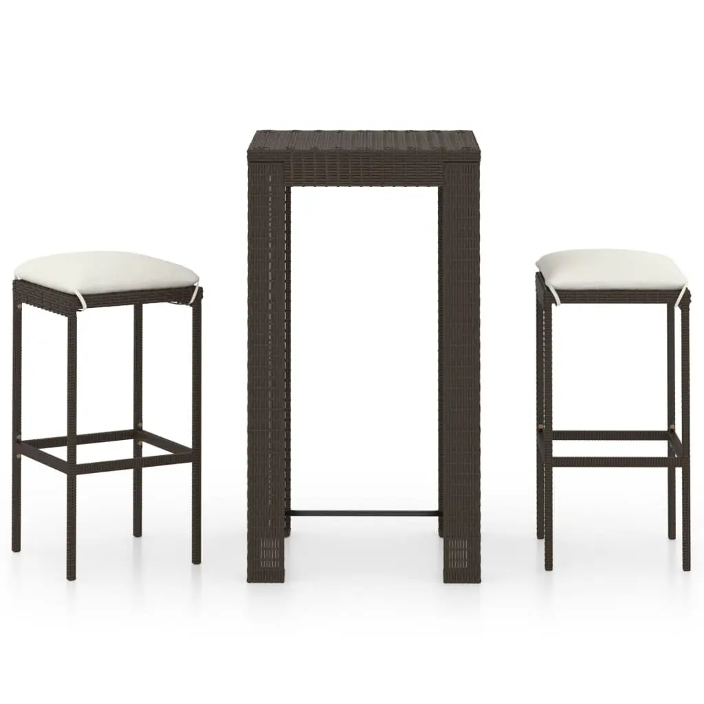 3 Piece Patio Bar Set Cushions Brown Poly Rattan Outdoor Furniture