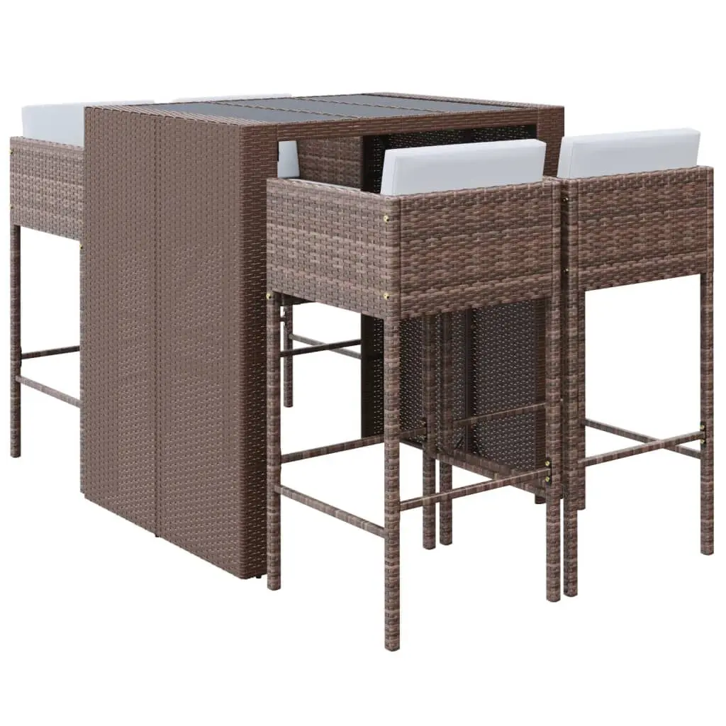 5 Piece Patio Bar Set Cushions Brown Poly Rattan Outdoor Entertaining