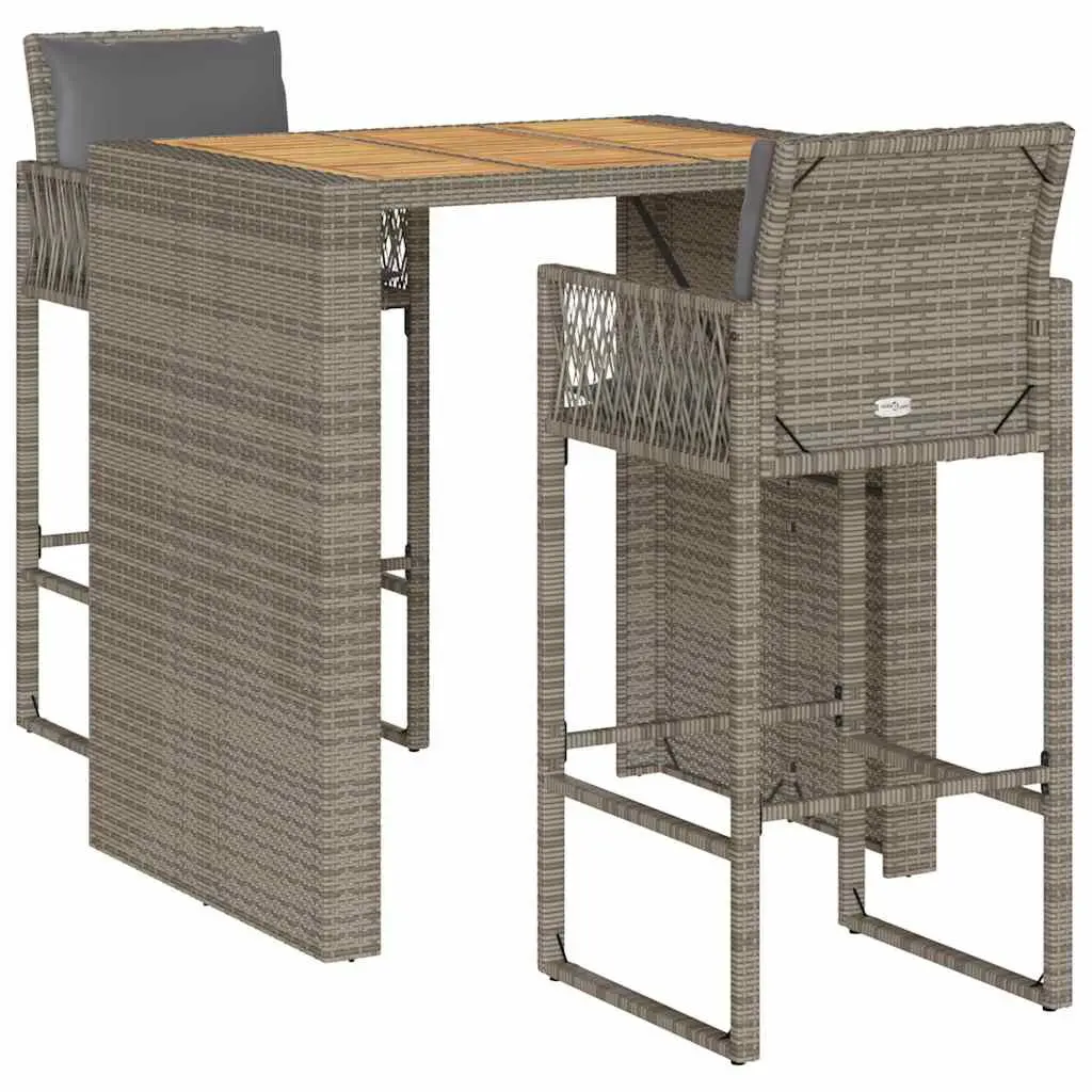 3 Piece Patio Bar Set Cushions Gray Poly Rattan Acacia Outdoor Furniture
