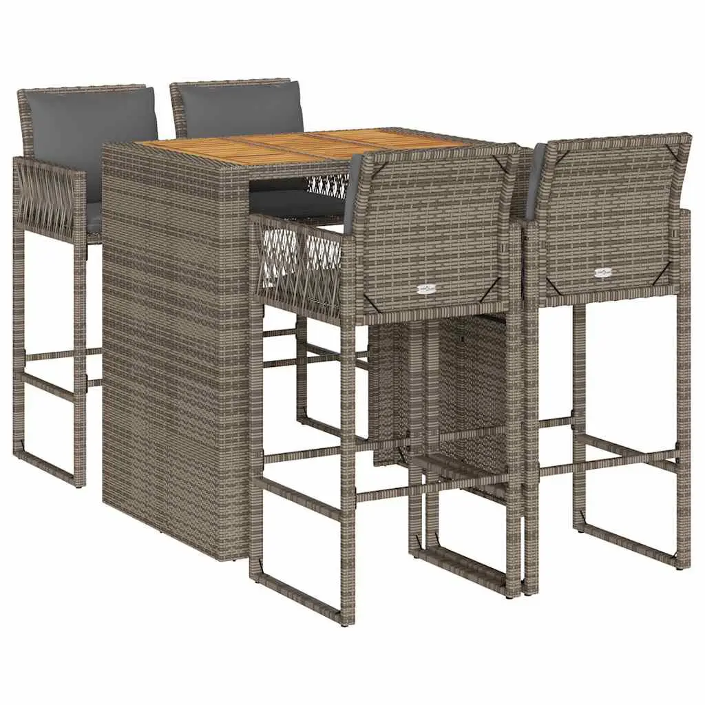5 Piece Patio Bar Set Cushions Gray Poly Rattan Acacia Outdoor Furniture